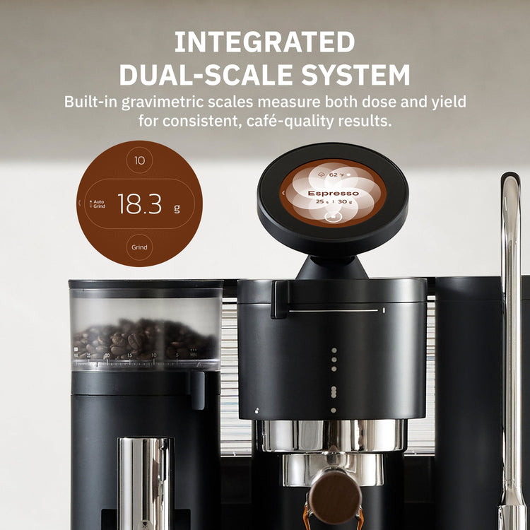 Meraki espresso machine: integrated dual scales for precise dose and yield.