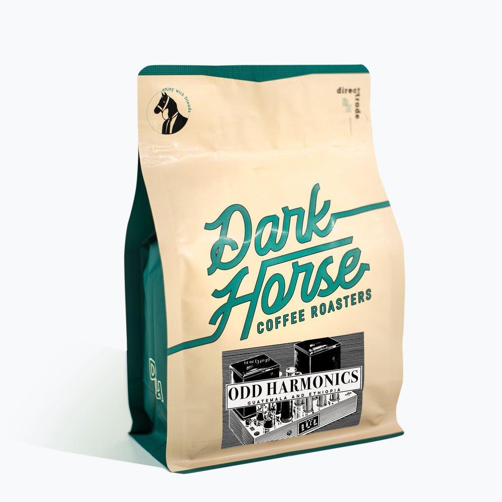 Dark Horse ODD HARMONICS coffee blend bag, Guatemala and Ethiopia notes, 12oz