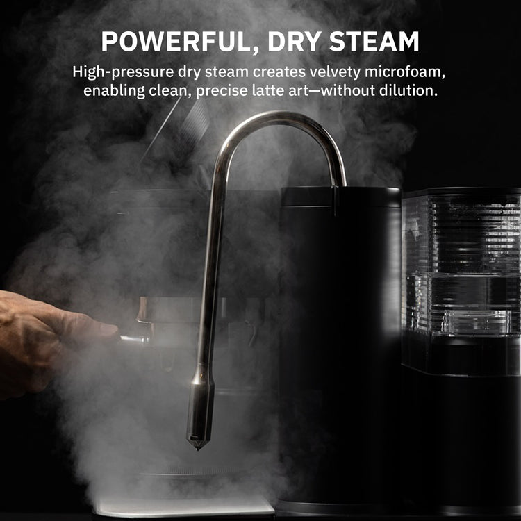 Meraki espresso machine: powerful dry steam creates velvety microfoam for latte art.