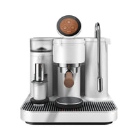 White Meraki dual boiler espresso machine for home with commercial rotary pump.