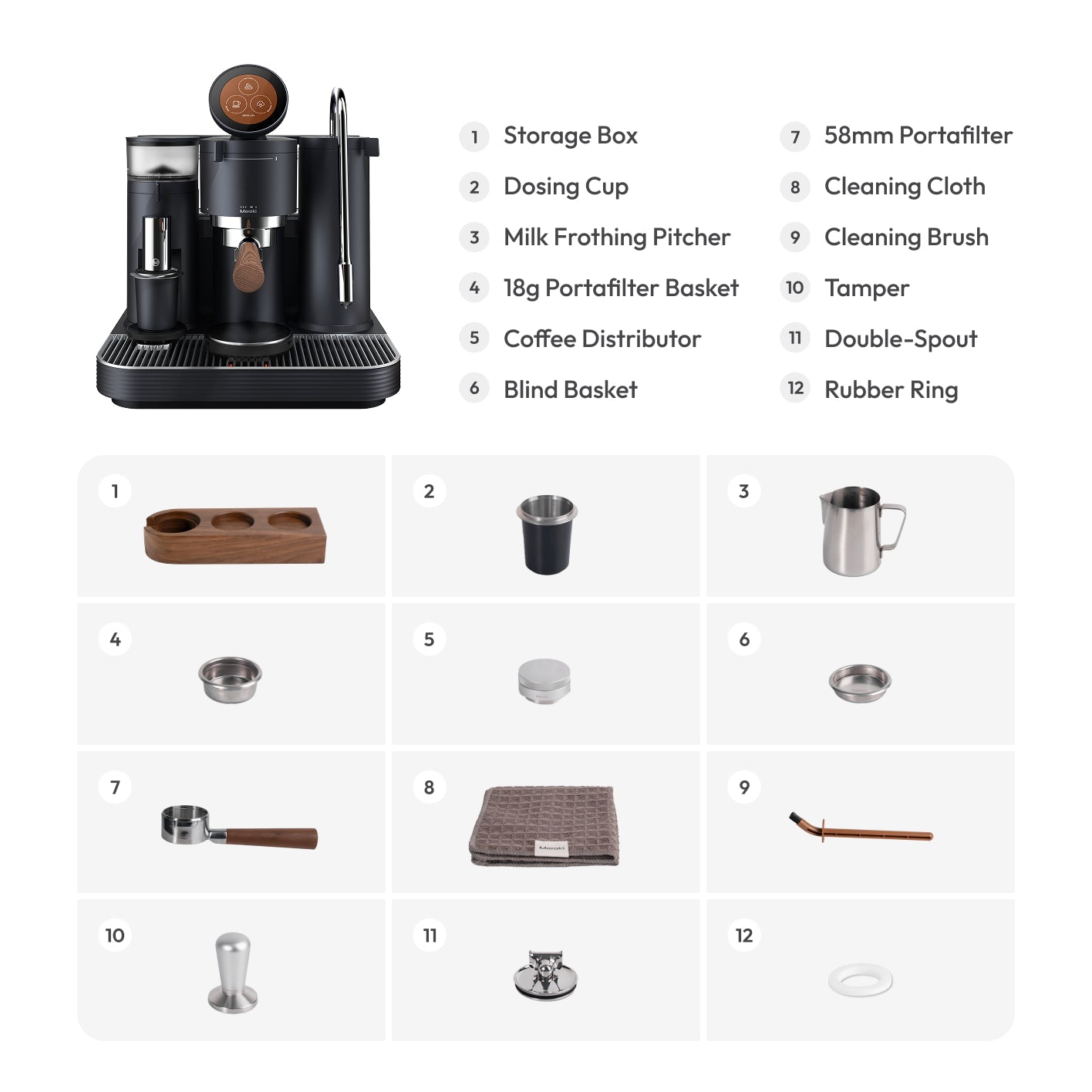 Meraki espresso machine accessories in the box: 58mm portafilter, tamper, milk pitcher, dosing cup, distributor and more