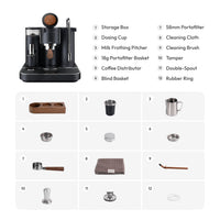 Meraki espresso machine accessories in the box: 58mm portafilter, tamper, milk pitcher, dosing cup, distributor and more