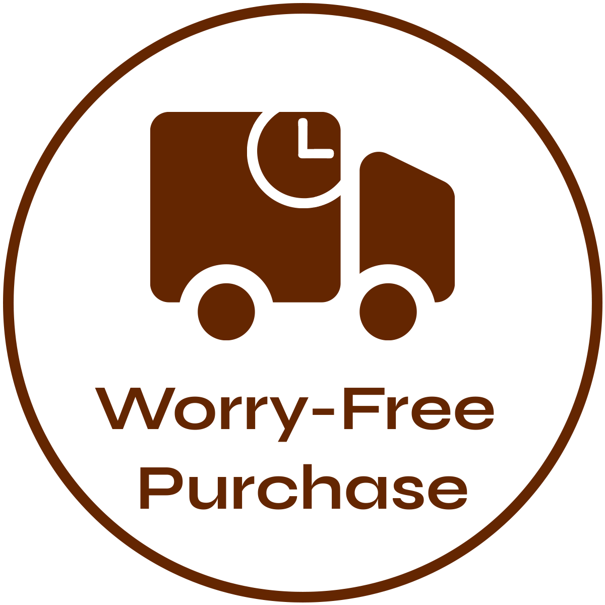 Brown delivery truck icon with a clock and text reading Worry-Free Purchase