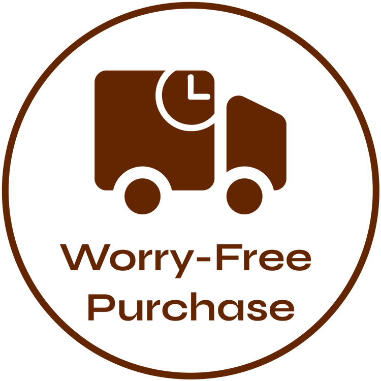 Brown truck icon with a clock on its side, signifying worry-free purchase protection.