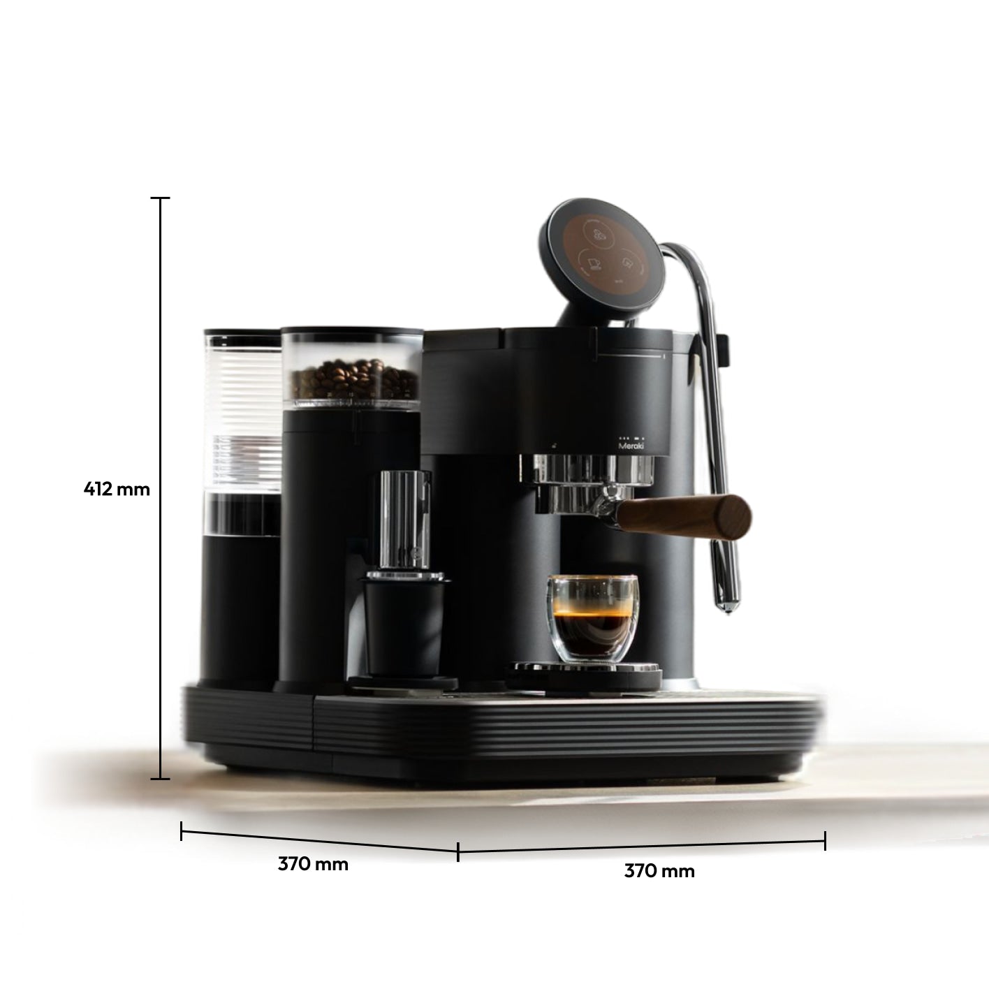 Meraki espresso machine dimensions: 412 mm tall, 370 mm wide and 370 mm deep