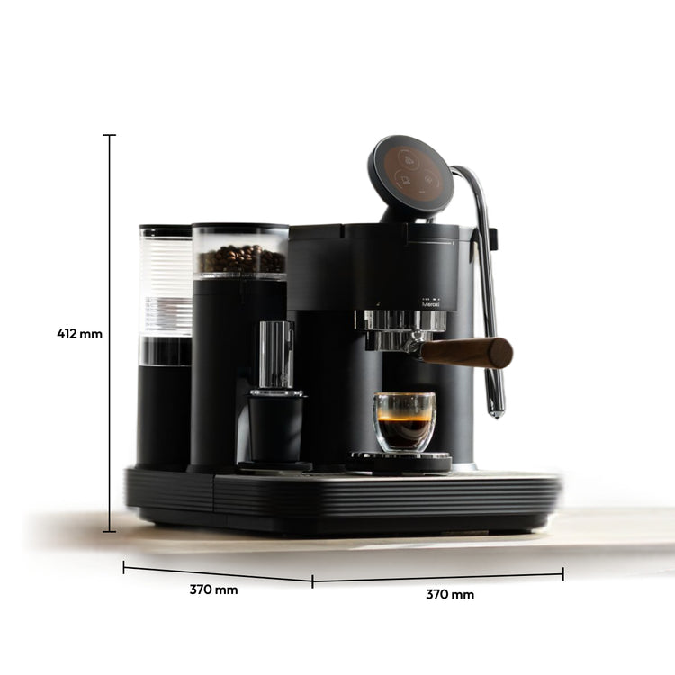 Meraki espresso machine dimensions: 412 mm tall, 370 mm wide and 370 mm deep