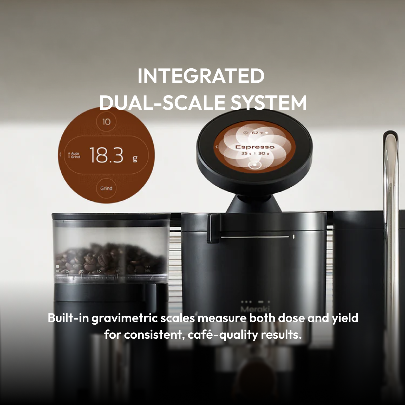 Meraki espresso machine featuring a built-in dual-scale system for precise dose and yield measurement.