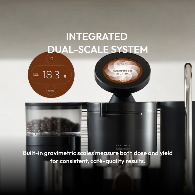 Meraki espresso machine featuring a built-in dual-scale system for precise dose and yield measurement.