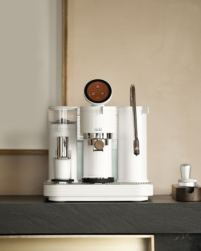 Meraki espresso machine side view showing compact design