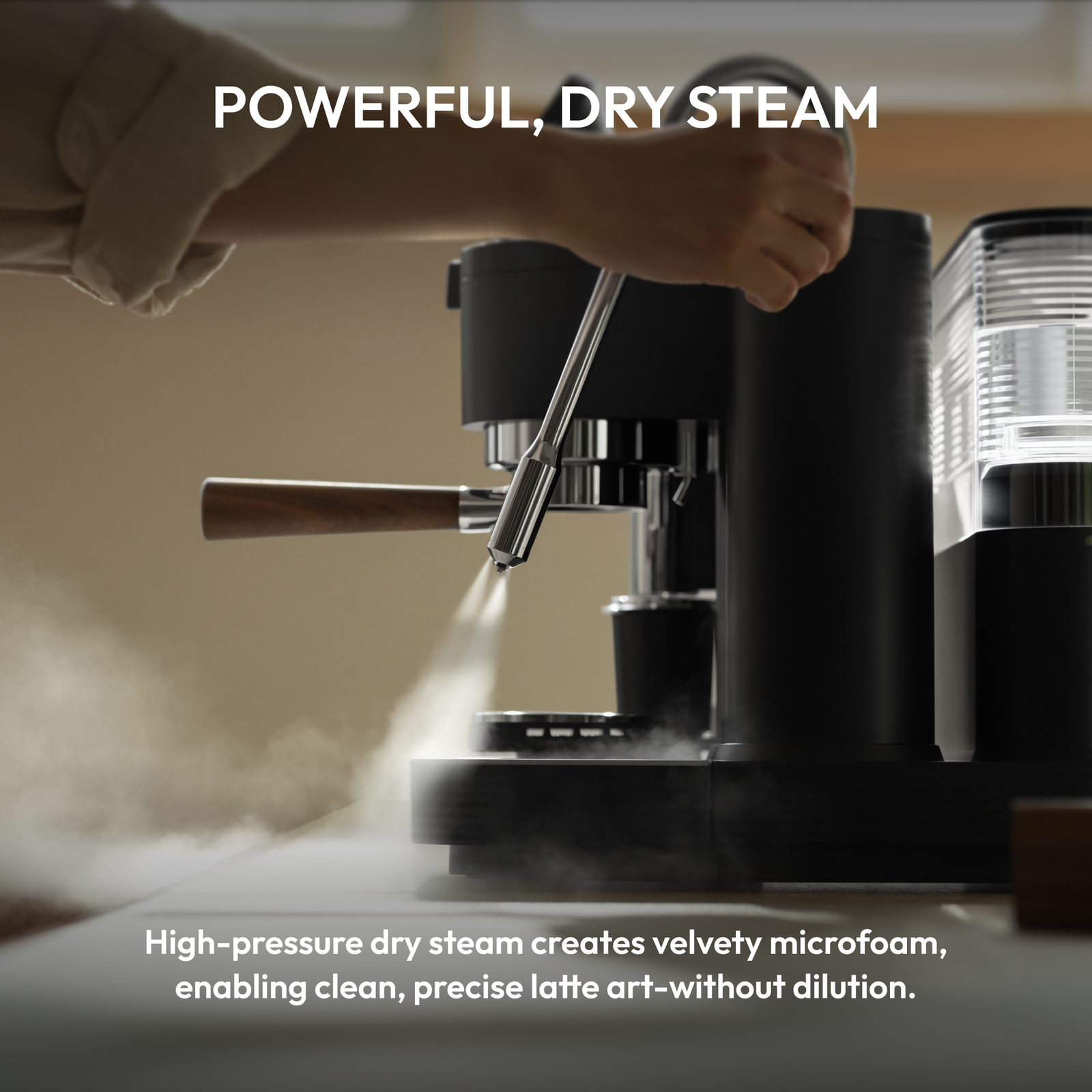 Meraki dry steam wand creating fine microfoam for latte art