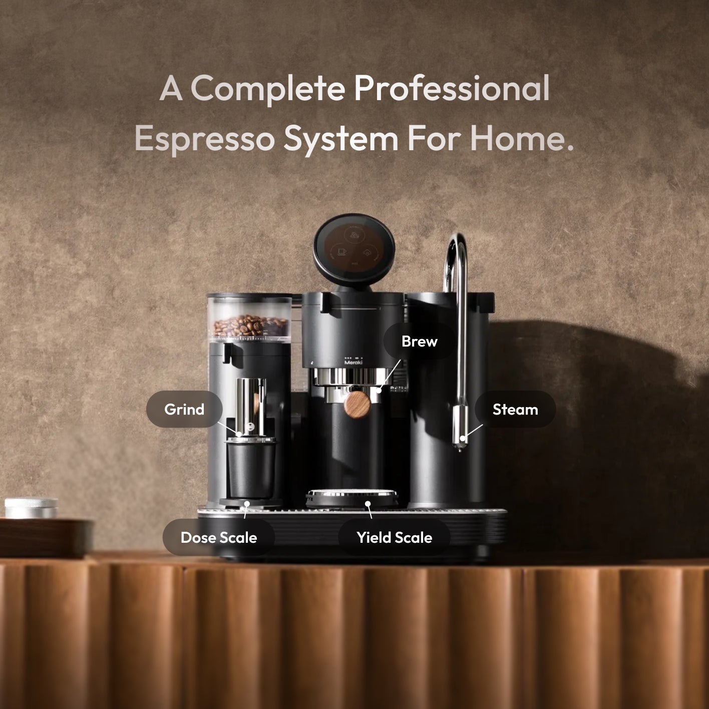 All-in-one home espresso machine with built-in grinder, brew head, steam wand, dose scale and yield scale